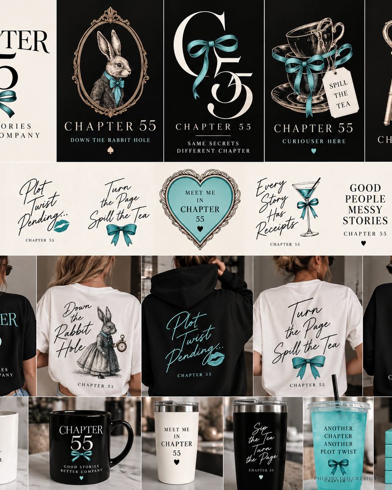 Chapter 55 brand kit: black and teal logo variations with rabbit, bow and key motifs, tagline designs, and t-shirt, hoodie, mug and tumbler mockups