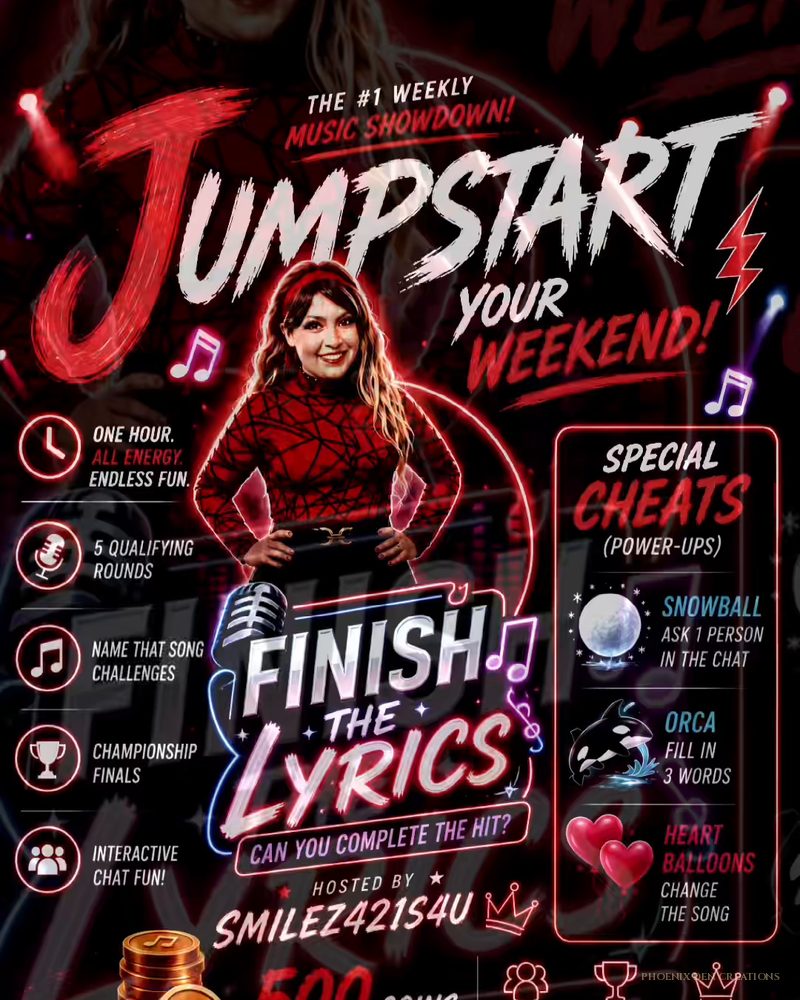 Jumpstart Your Weekend animated flyer: a red neon 'Finish the Lyrics' music showdown with rounds and power-ups