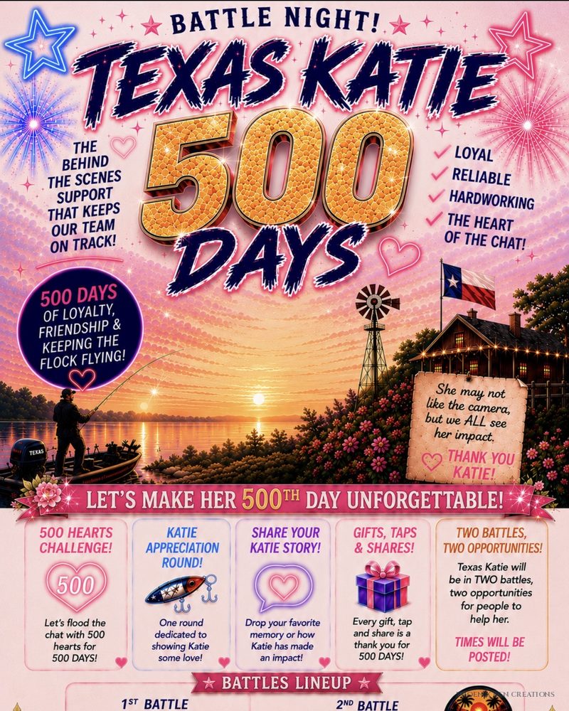 Texas Katie 500 Days battle night flyer in pastel pink and blue, with a sunset scene, challenge cards and a battles line-up